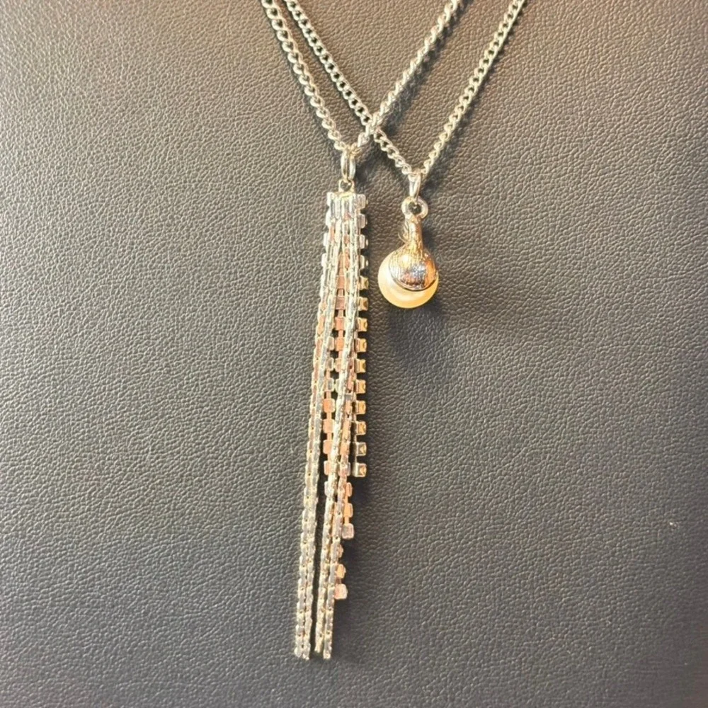 Vintage Necklace Set Silver Pearl Rhinestone Fringe Tassel Y2K Boho Statement